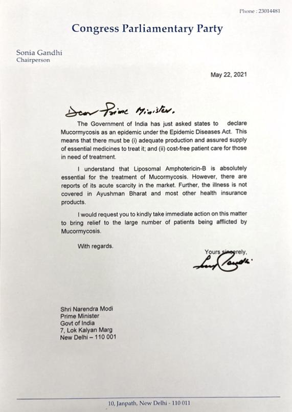 Sonia Gandhi write to PM