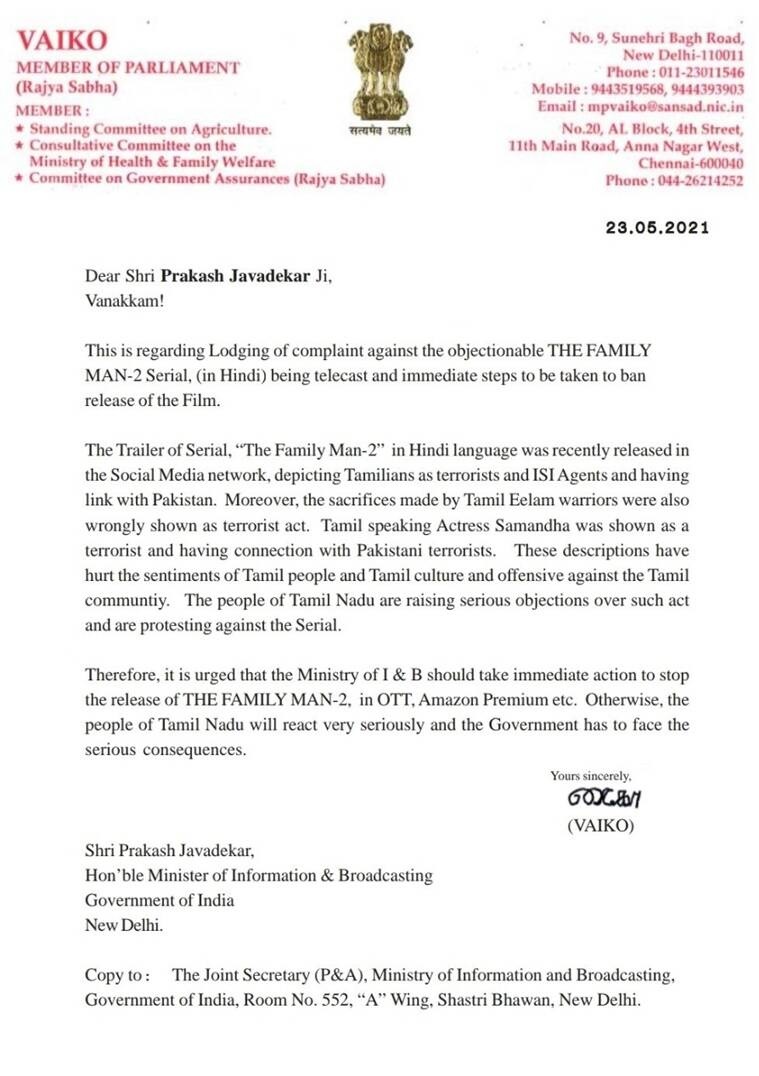 Letter written by Vaiko to Prakash Javadekar