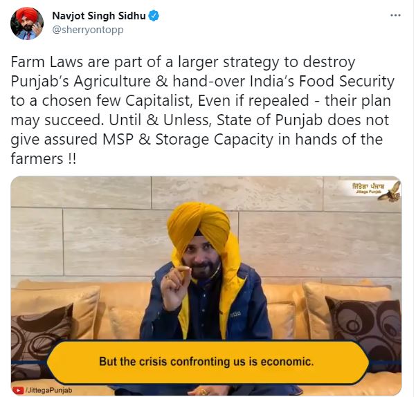 Larger conspiracy to benefit capitalists: Sidhu on farm laws