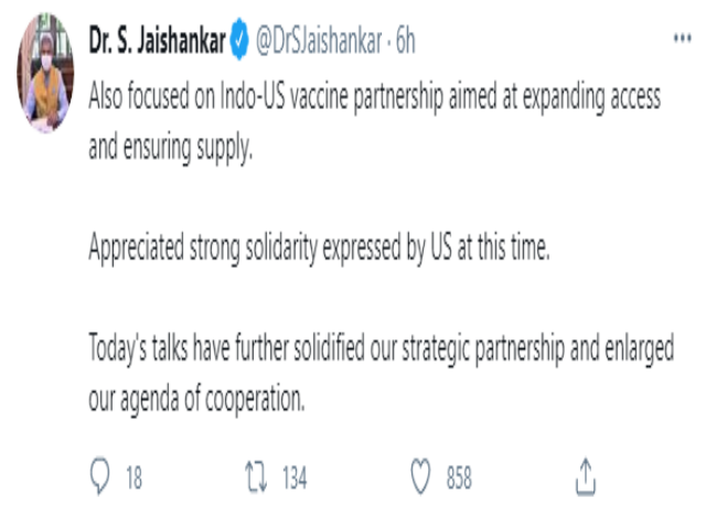 EAM tweets on Indo-US partnership