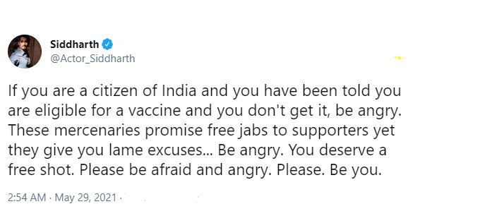 India top vaccine is NO VACCINE says Actor Siddharth in his tweets, நடிகர் சித்தார்த் ட்வீட், தடுப்பூசி குறித்து நடிகர் சித்தார்த், Actor Siddharth tweet in tamil, முக்கிய செய்திகள், தடுப்பூசி செய்திகள், இந்தியா கொரோனா தடுப்பூசி, top news in tamilnadu, breaking news in tamilnadu, hot news in tamilnadu, corona news in tamilnadu, corona vaccine status in india