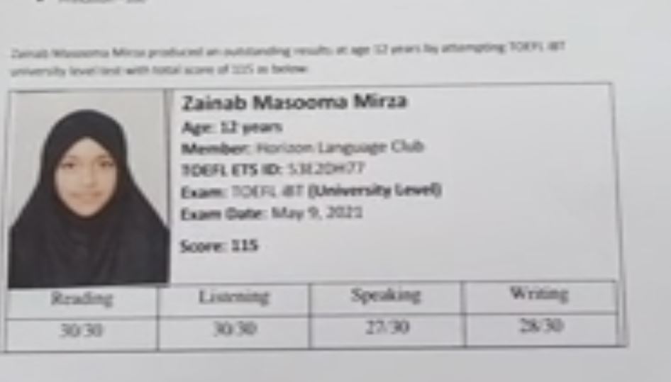 Zainab marks in TOEFL