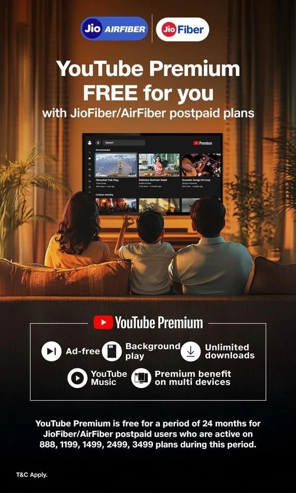 Reliance Jio offers 2 years free YouTube Premium with JioFiber