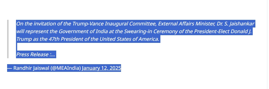 EAM JAISHANKAR To USA  DONALD TRUMP Oath Ceremony  New US PRESIDENT  India USA Relations