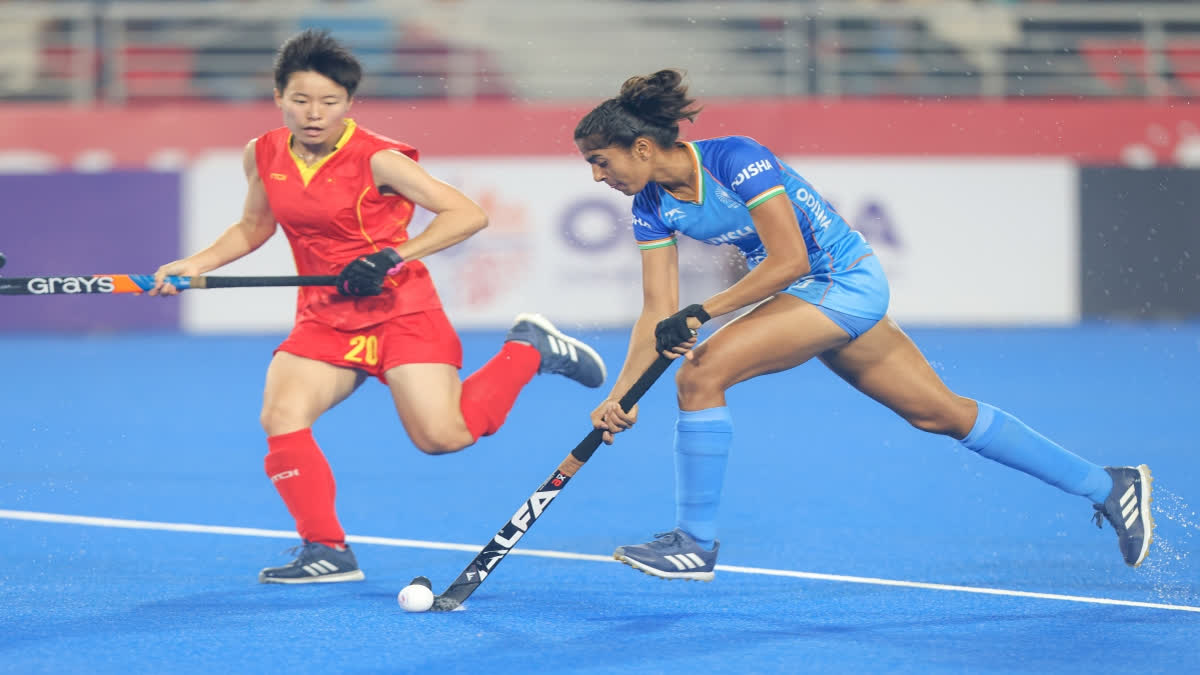 An Indian player in action against China during the FIH Hockey Pro League 2023/24 match on Monday (Source Hockey India)