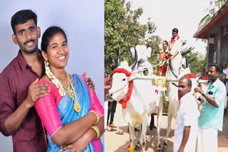 bride and groom procession at bullock cart in thanjavur