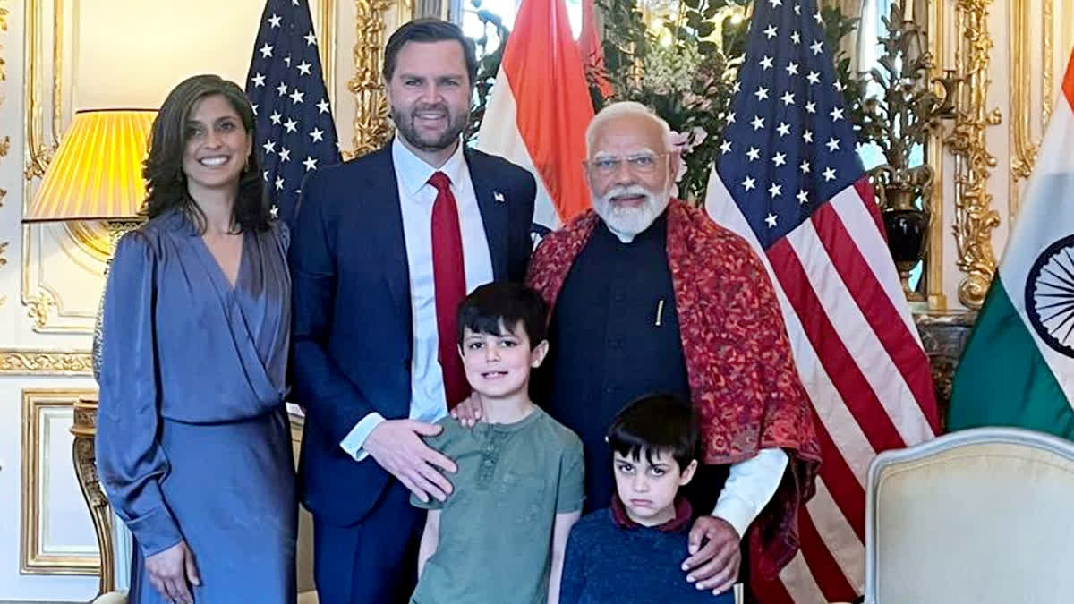 In this image by @narendramodi via X on Tuesday, Feb. 11, 2025, Prime Minister Narendra Modi meets US Vice President JD Vance and his family, in Paris, France.