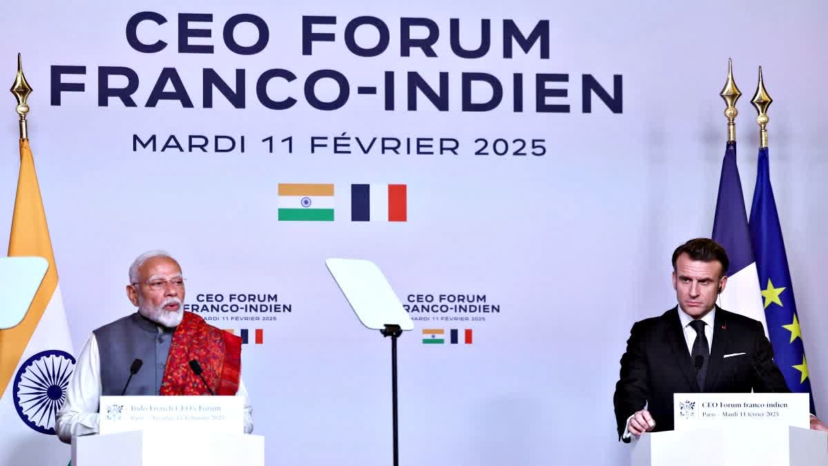 Prime Minister Narendra Modi and French President Emmanuel Macron address the closing session of the Franco-Indian Economic Forum