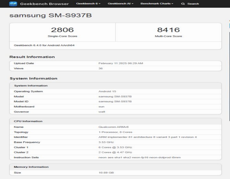 Samsung SM-S937B on Geekbench Listing