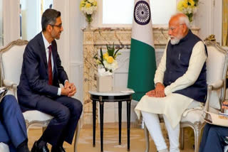 In this image released by @narendramodi via X on Wednesday, Feb. 12, 2025, Prime Minister Narendra Modi meets Google CEO Sundar Pichai in Paris.