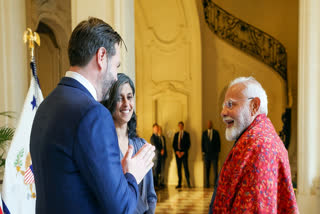 Prime Minister Narendra Modi meets United States Vice President JD Vance and his wife and Second Lady of the United States, Usha Vance, at Elysee Palace in Paris