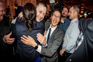 Chairman of Demokraatit, Jens-Frederik Nielsen, during the election party at Demokraatit by cafe Killut in Nuuk, early Wednesday, March 12, 2025.