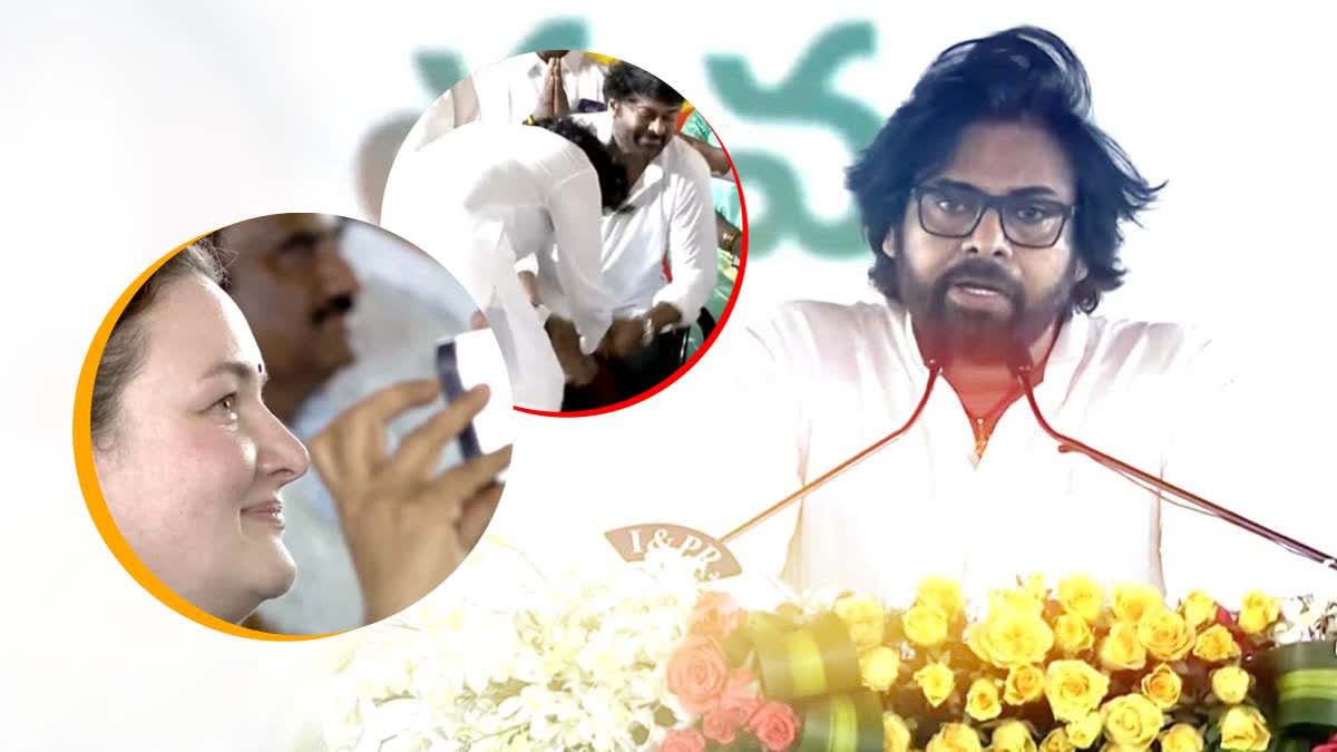 Pawan Kalyan humbly touches the feet of his elder brother and superstar Chiranjeevi, a superstar as he swears-in as Deputy Chief Minister of Andhra Pradesh. His wife, Anna Lezhneva, captures the defining moment of Pawan's political journey on her phone.