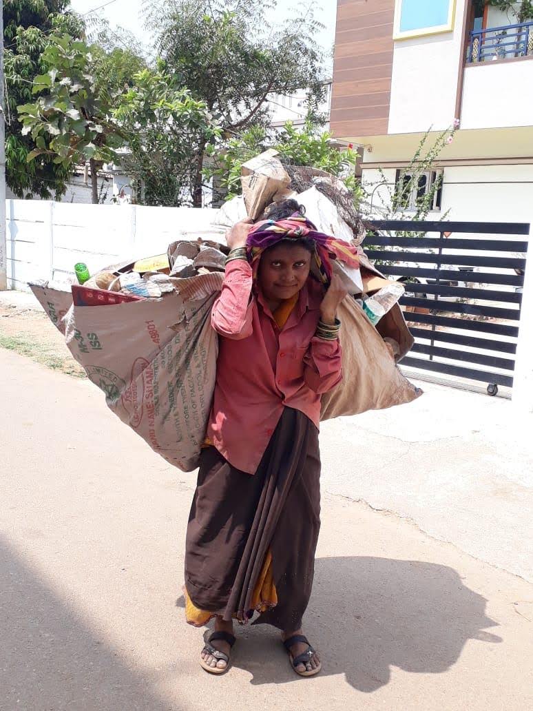 A woman ragpicker in action in Karnataka's Devanagere