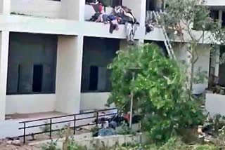 View of the hostel after the plane crash in Ahmedabad