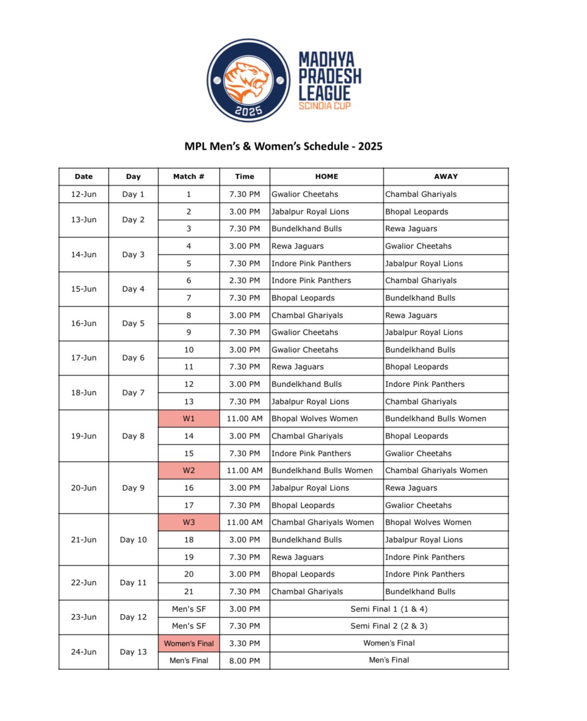 mpl TOURNAMENT SCHEDULE