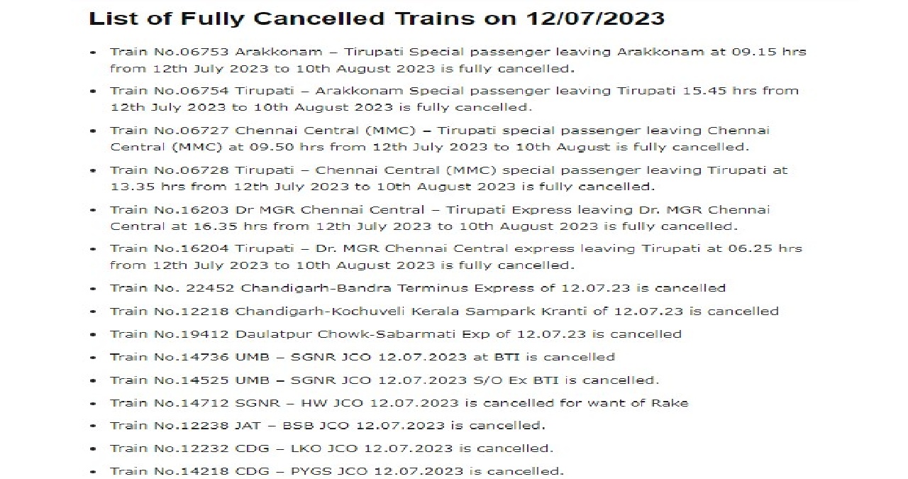 All trains from Chandigarh cancelled due to heavy rain