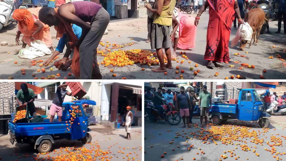 Farmers throw tomatoes on roads in Ramanujganj