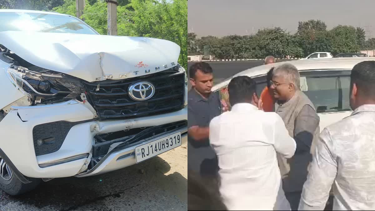 A Toyota SUV (L) part of union minister Bhupendra Yadav's convoy damaged in minor road accident