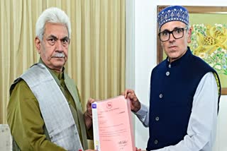 Jammu and Kashmir National Conference Vice President Omar Abdullah meets LG Manoj Sinha to stake claim to form the government, at Rajbhawan in Srinagar on Friday.