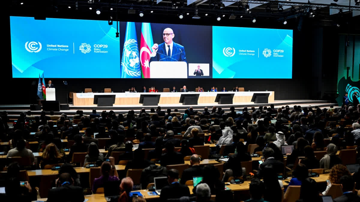 UN climate chief Simon Stiell delivers a speech during the opening of the 2024 United Nations Climate Change Conference (COP29) in Baku on November 11, 2024.