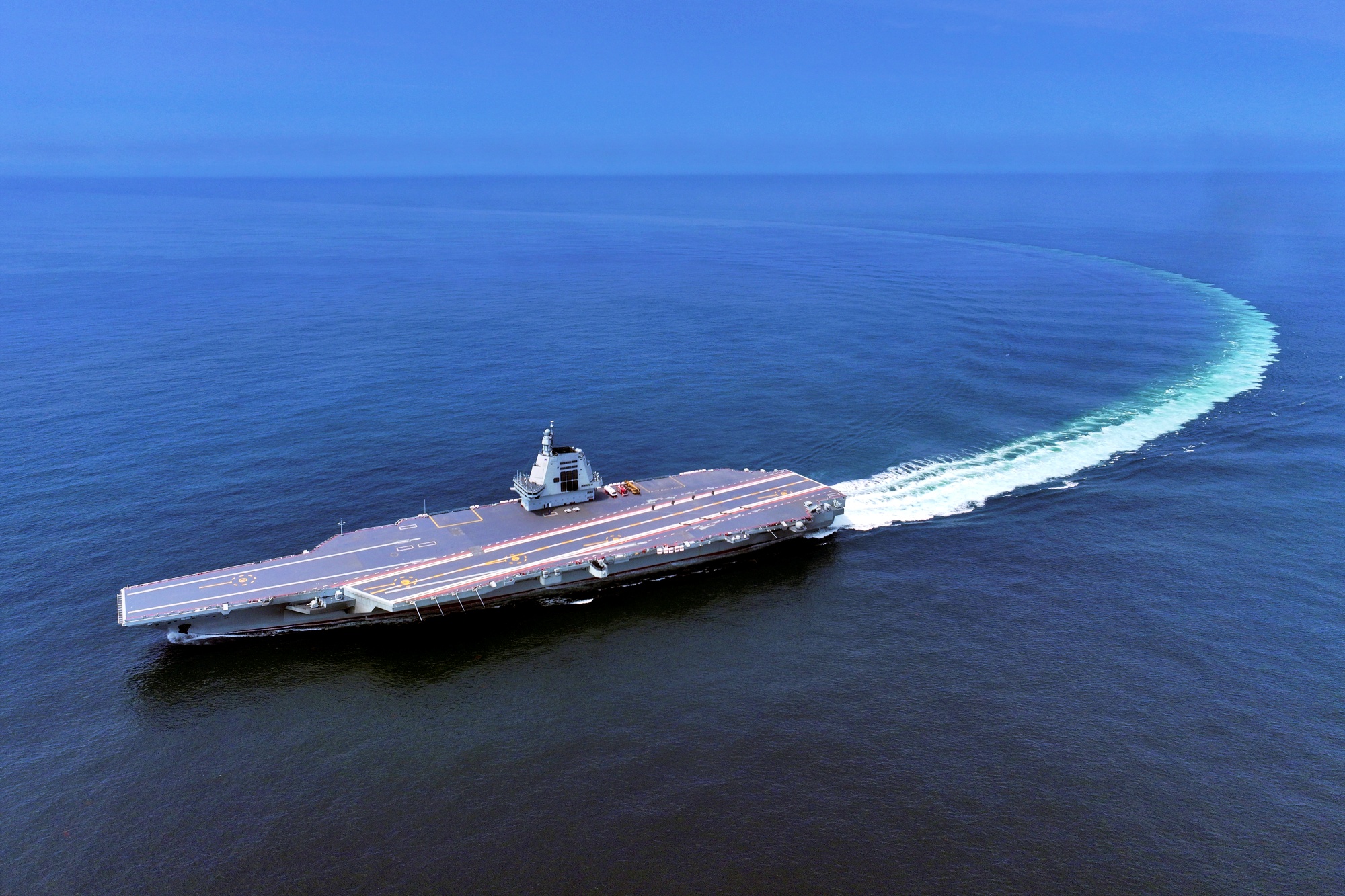 China's third conventionally powered aircraft carrier, the Fujian, conducts a maiden sea trial on May 7, 2024.