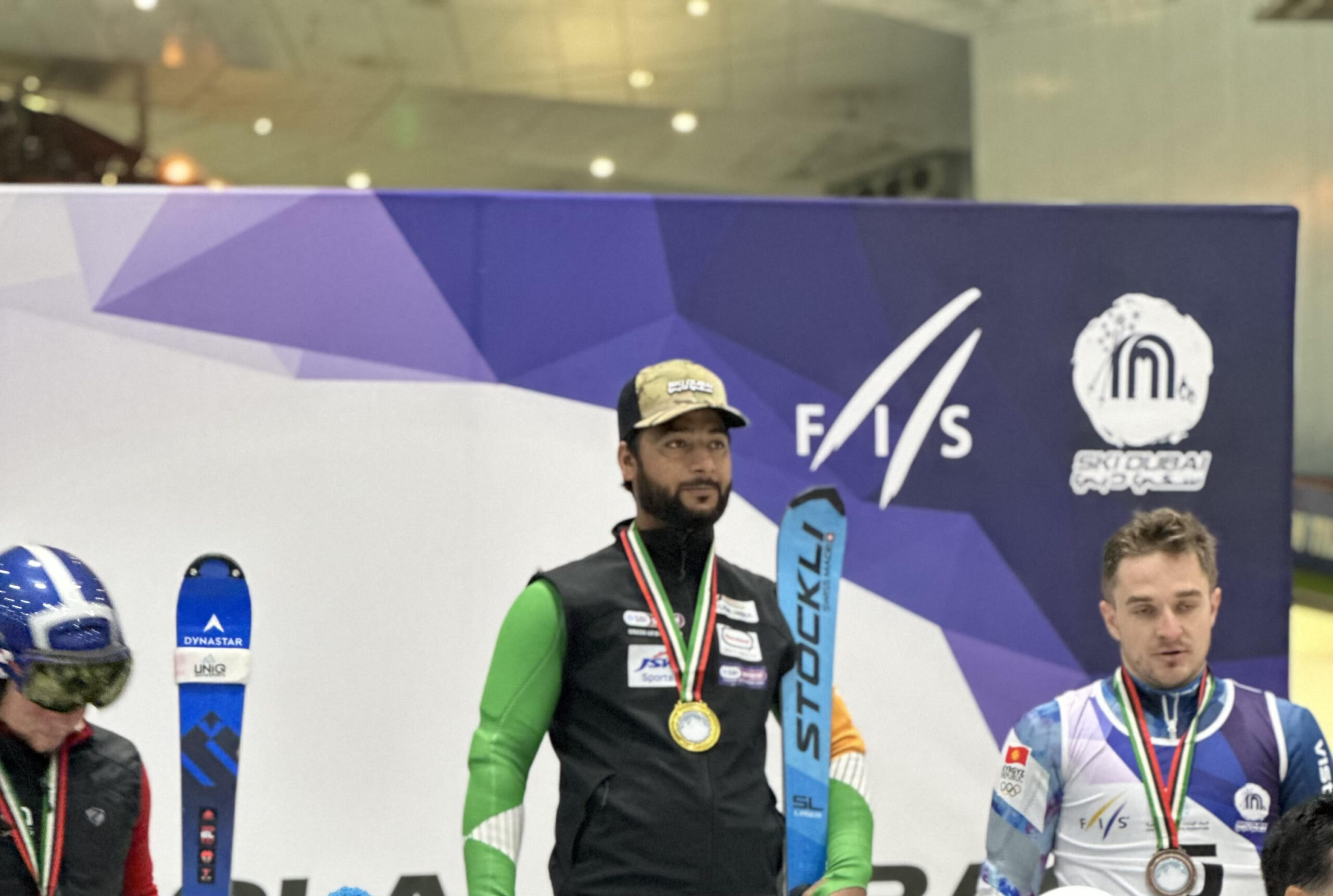 Kashmiri skier Arif Khan after winning gold at the FIS International Ski Races in Dubai