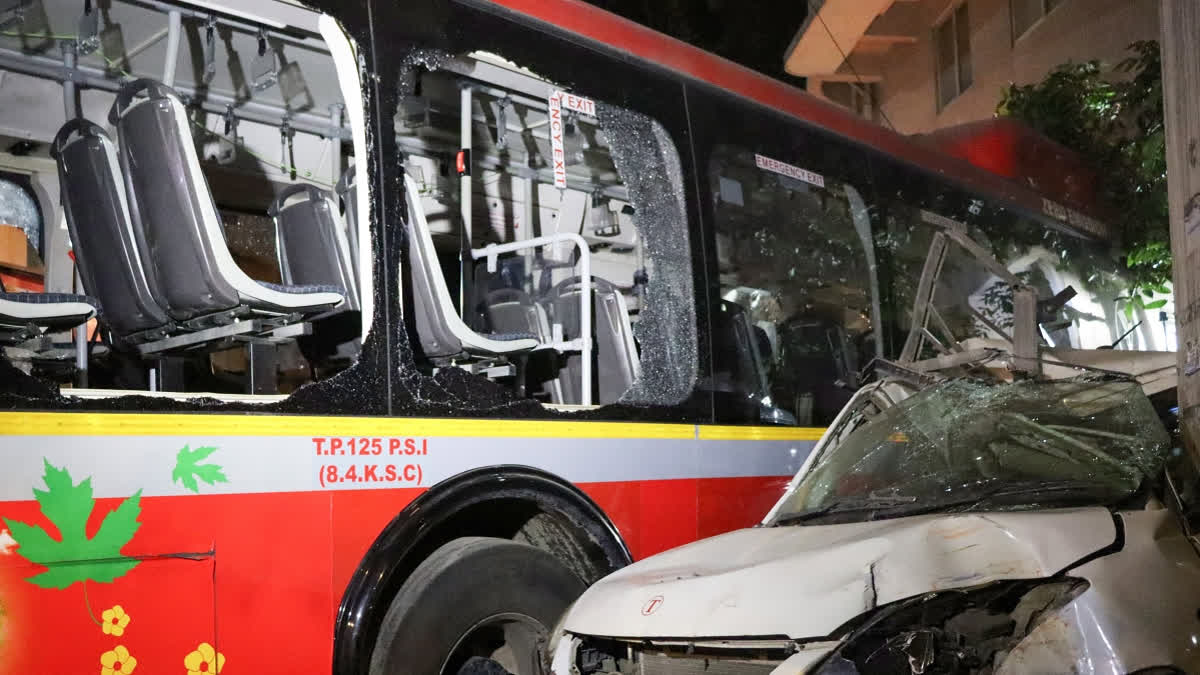 Mangled remains of the Brihanmumbai Electricity Supply and Transport Undertaking (BEST) bus and a car after the bus collided with several vehicles on a road, at Kurla in Mumbai on Monday.