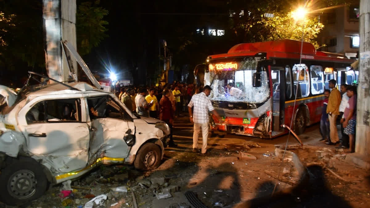 Mumbai: People gather near the wreckage of vehicles after a Brihanmumbai Electric Supply and Transport (BEST) undertaking's bus rammed into pedestrians as well as vehicles on a road at Kurla, in Mumbai, Monday, Dec. 9, 2024.