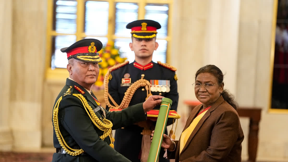 President Droupadi Murmu confers the honorary rank of General of the IndianArmy to Nepal's Chief of Army Staff Suprabal Janasewashree General Ashok Raj Sigdel, at Rashtrapati Bhavan in New Delhi, Thursday, Dec. 12, 2024.