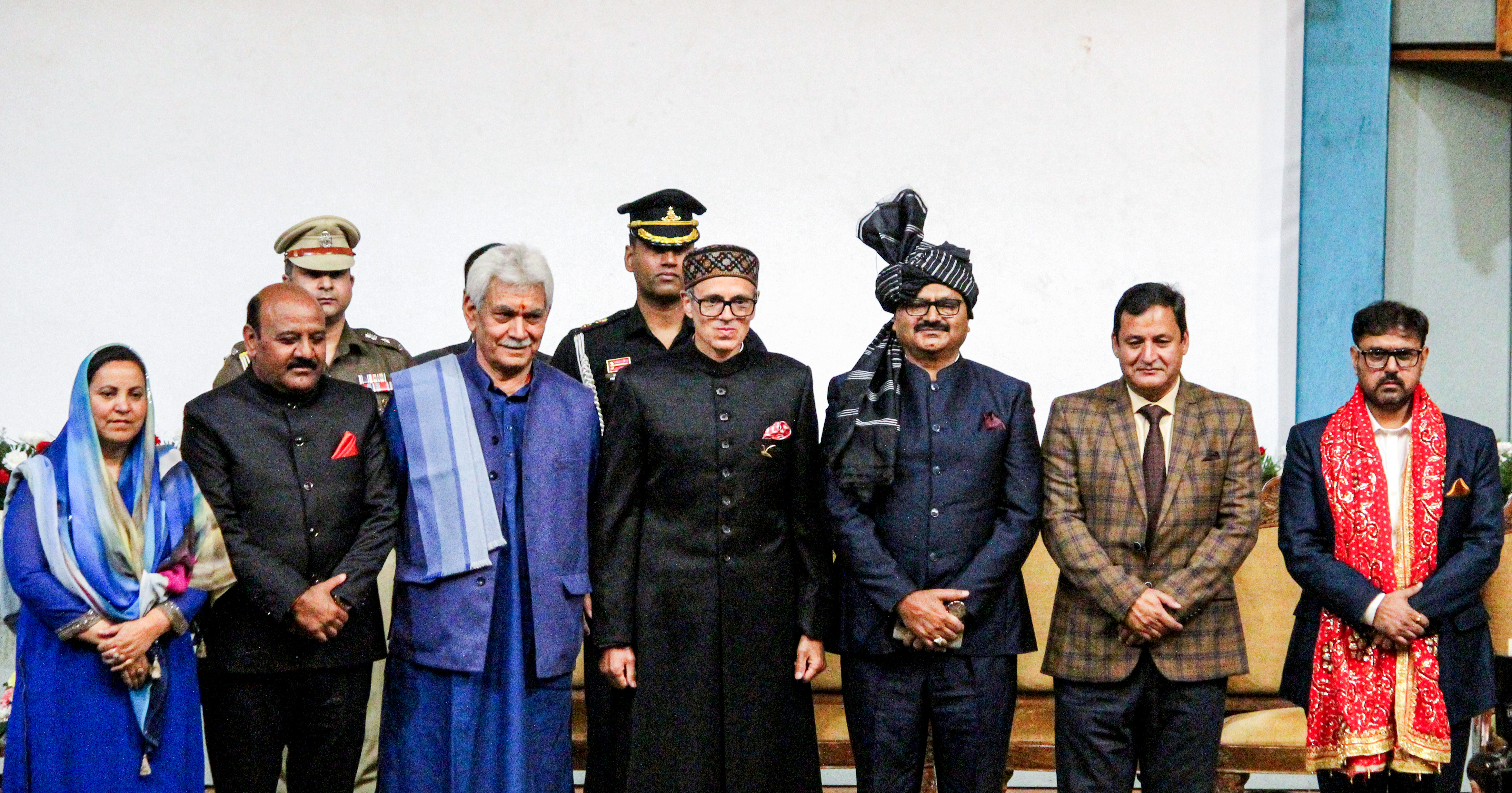 Jammu and Kashmir Lieutenant Governor Manoj Sinha with Jammu and Kashmir National Conference (JKNC) Vice President Omar Abdullah and NC leaders Surinder Chaudhary, Sakina Ittoo, Javed Rana, Javed Dar and Satish Sharma during the swearing-in ceremony of new J&K government, at SKICC in Srinagar