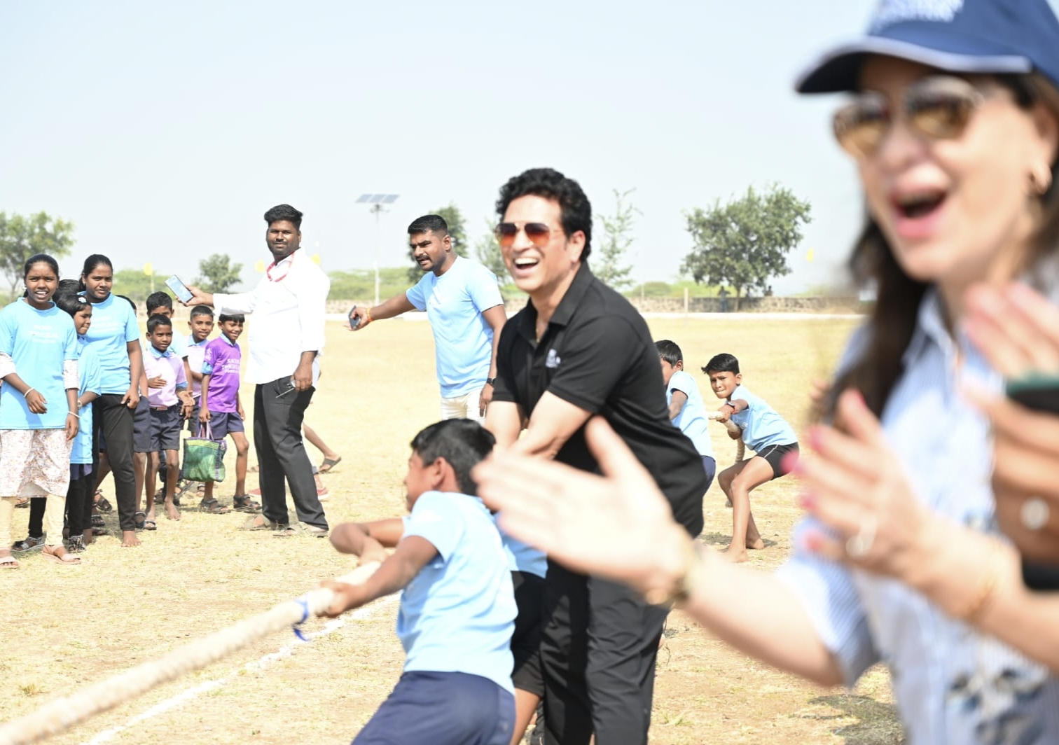 Master Blaster Sachin Tendulkar And Sara Tendulkar participated in a tug-of-war game with local children In Mhaswad of Satara