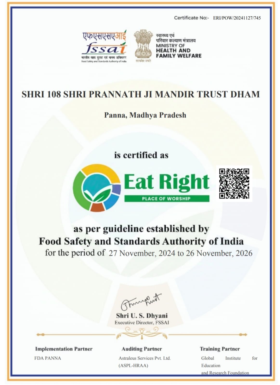 Eat Right Bhog Certificate to Prannath Temple panna