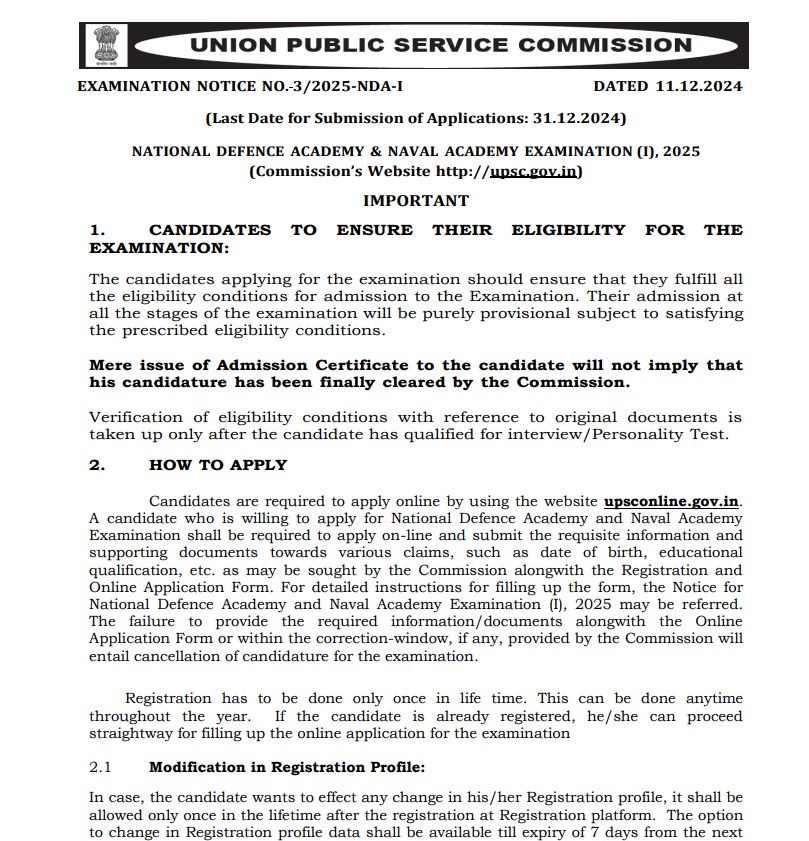 UPSC  Notification For National Defence Academy and Naval Academy Examination