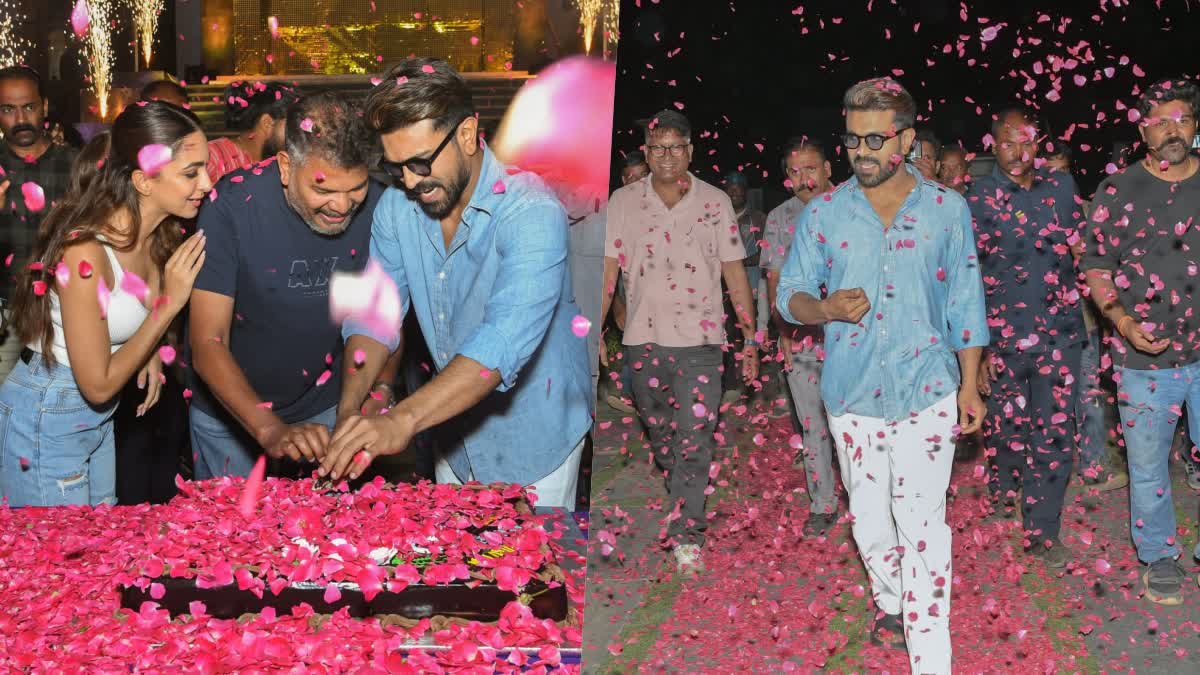 Ram Charan showered with rose petals  Ram Charan  RC15 team celebrates pre birthday bash with Kiara  RC15 team celebrates pre birthday bash  Kiara  രാം ചരണിന് നേര്‍ക്ക് ചുവന്ന റോസാ ദളങ്ങള്‍  രാം ചരണ്‍  കിയാരക്കൊപ്പം ആര്‍സി 15 ടീമില്‍ പിറന്നാള്‍ ആഘോഷം  ആര്‍സി 15 ടീമില്‍ പിറന്നാള്‍ ആഘോഷം  ആര്‍സി 15 സെറ്റിൽ  ആര്‍സി 15 സെറ്റിൽ റോസാ ദളങ്ങളുടെ പെരുമഴ  രാം ചരണിന്‍റെ ജന്മദിനം  ആര്‍സി 15  ആര്‍സി 15 സെറ്റിലെ ഗംഭീര പിറന്നാള്‍ ആഘോഷം