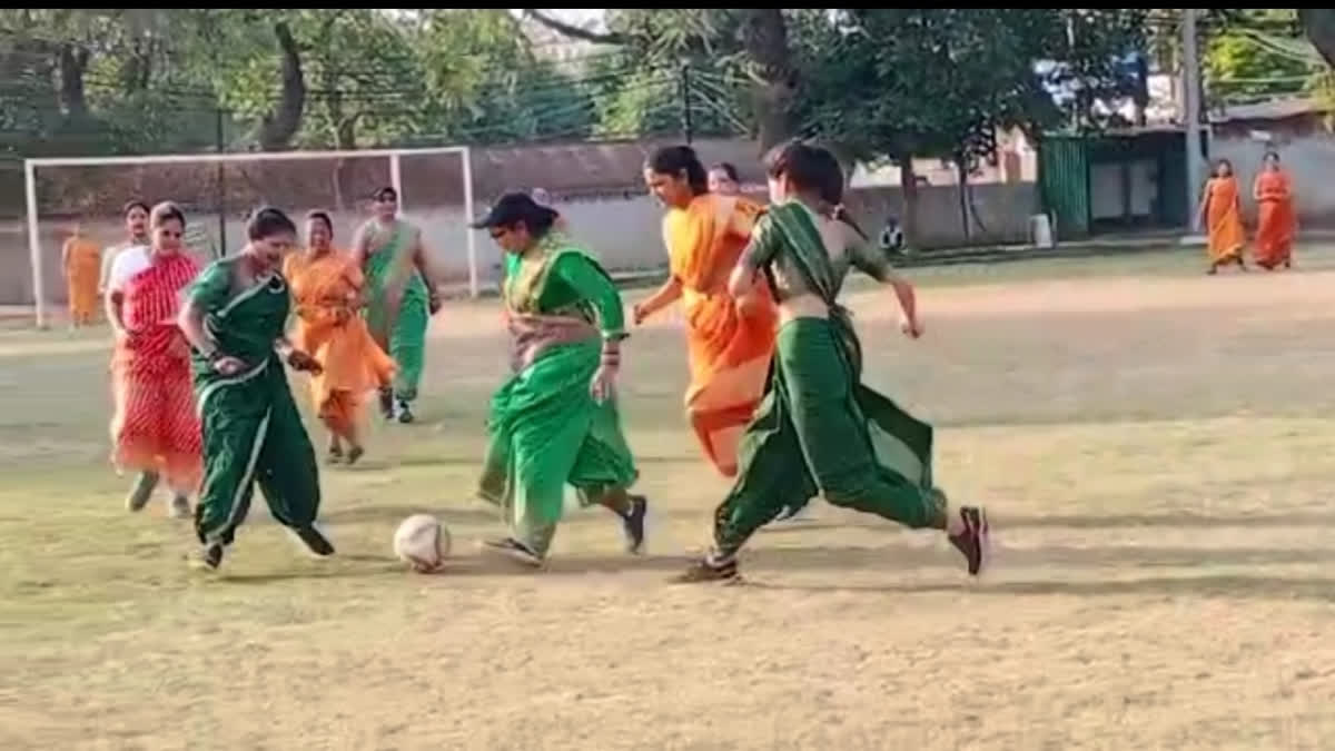 Women in saree play football in style