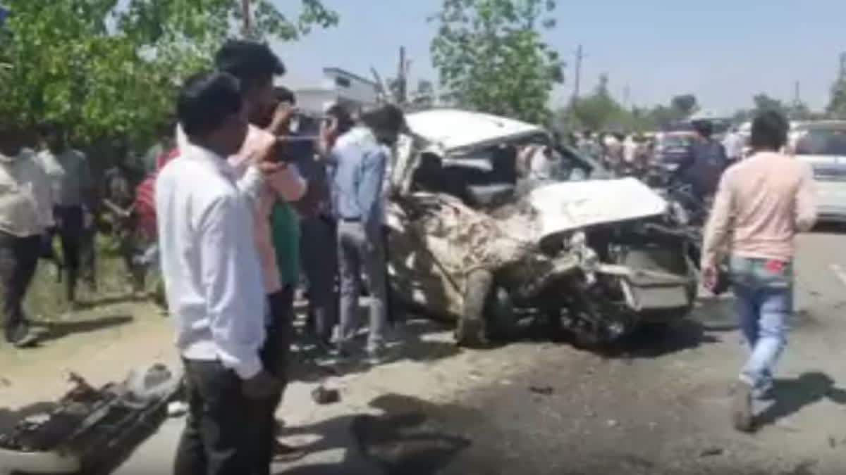 Mangled remains of the Wagon R car on Hardoi highway in UP