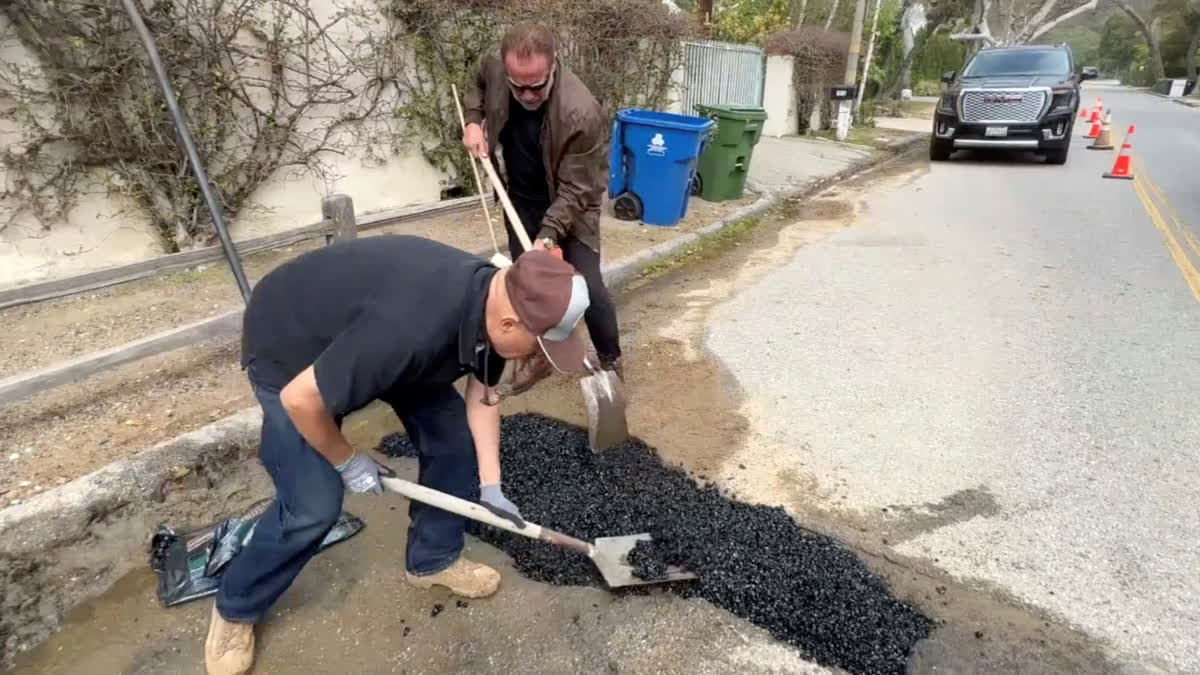 Arnold Schwarzenegger accidentally repairs utility trench, instead of a pothole