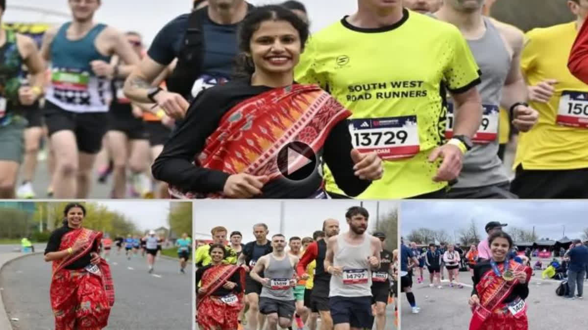 ODIA WOMAN OF INDIAN ORIGIN LIVING IN UK RAN 42 DOT 5 KM WEARING SAMBALPURI SAREE