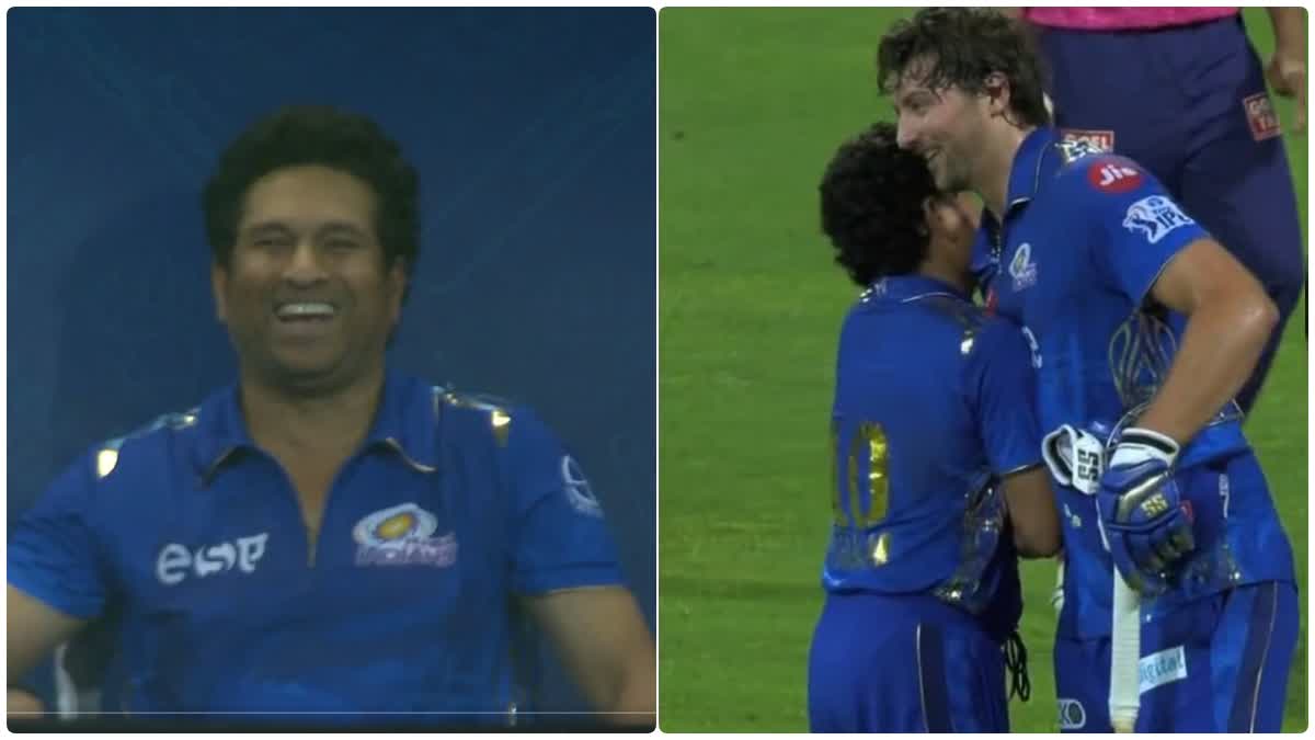 Etv Bharatipl-1000-match-sachin-tendulkar-reaction-viral-after-tim-david-hit-six-2nd-ball-of-last-over-mi-vs-rr