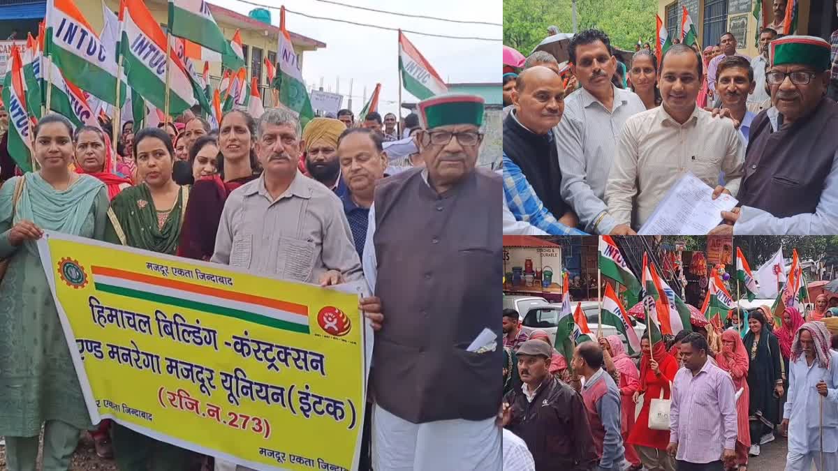 Under INTUC Union Banner Workers Protest against Himachal Govt in Mandi.