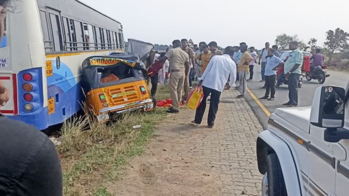 Bus and auto rikshaw Collides  Six members dies in Mahabalipuram  Mahabalipuram  State Transport Corporation bus  Six members from one family dies  Tamilnadu Mahabalipuram  ട്രാന്‍സ്‌പോര്‍ട്ട് ബസ് ഓട്ടോറിക്ഷയുമായി  ഒരു കുടുംബത്തിലെ ആറുപേര്‍ മരിച്ചു  തമിഴ്‌നാട് മഹാബലിപുരത്തിന് സമീപം  അപകടത്തില്‍ രണ്ട് കുട്ടികളും  ബസ്  ഓട്ടോറിക്ഷ  തമിഴ്‌നാട്  ചെന്നൈ