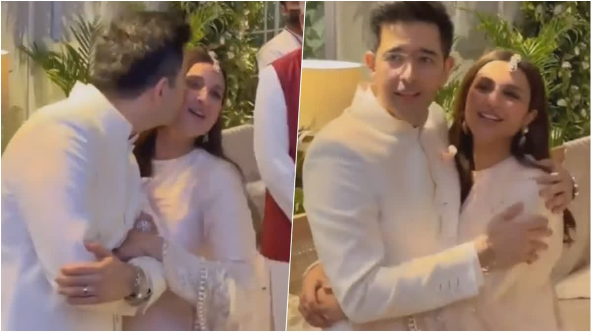 Kiss of love: Raghav Chadha gives Parineeti Chopra a peck on her cheeks as she sings Ve Maahi at engagement; watch video