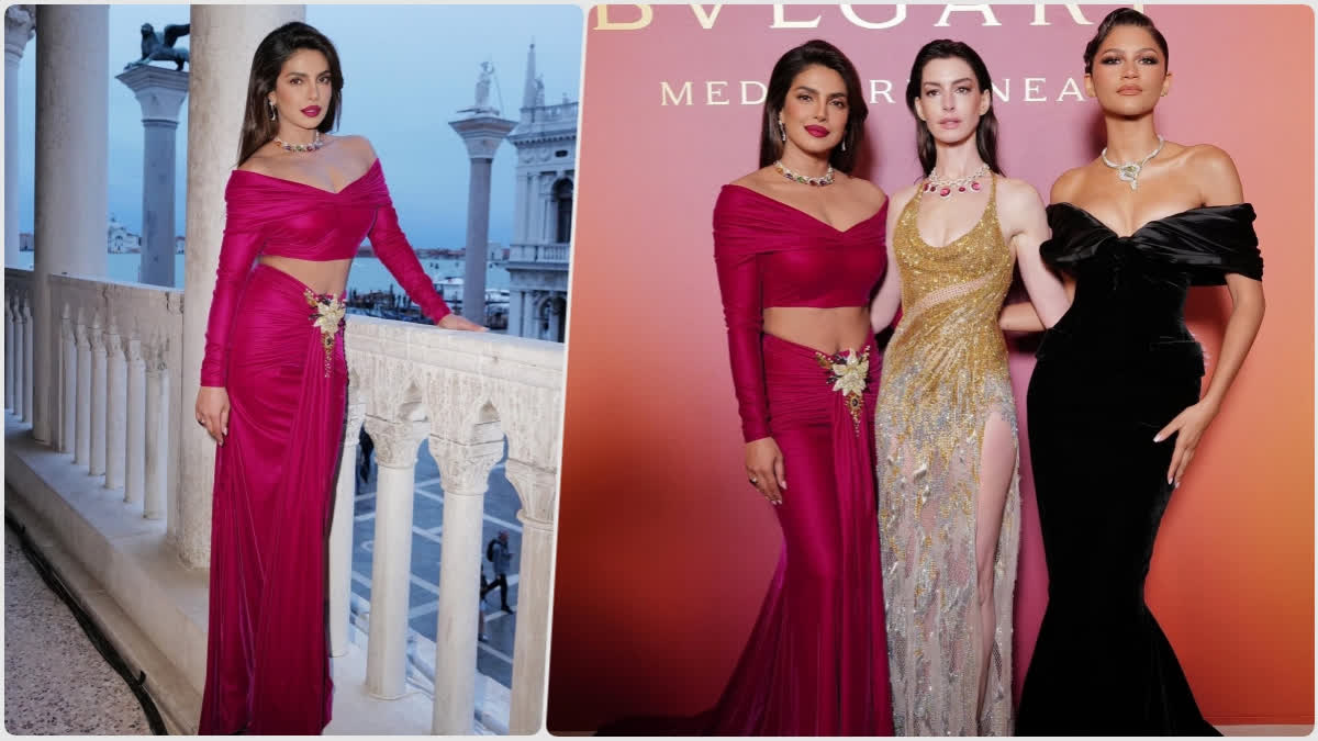 priyanka chopra with zendaya and anne hathaway  bulgari event in venice  priyanka in magenta bodycon dress  priyanka chopra in bulgari event in venice  Bvlagri  പ്രിയങ്ക ചോപ്ര  ഫാഷൻ  Priyanka Chopra outfit  സെൻഡയ  ആൻ ഹാത്ത്‌വേ  viral photos  വൈറൽ ഫോട്ടോസ്