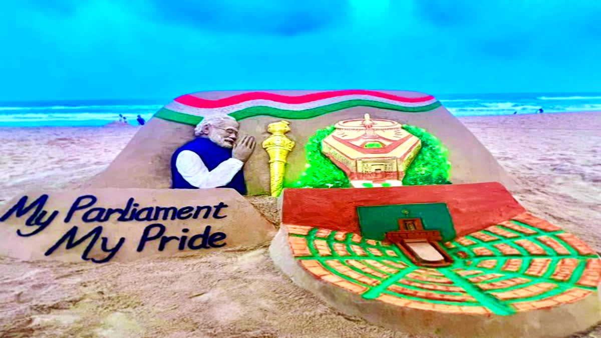 Sudarsan Pattnaik sculpts New Parliament Building in sand at Puri beach