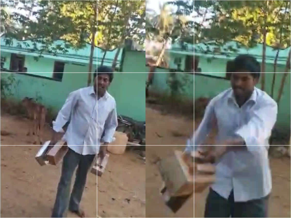 முன்விரோதம் காரணமாக தம்பியை கல்லால் தாக்கும் அண்ணன் - பரபரப்பு வீடியோ, a-video-of-an-older-brother-hitting-a-younger-brother-with-a-stone-has-gone-viral-in-tirupattur