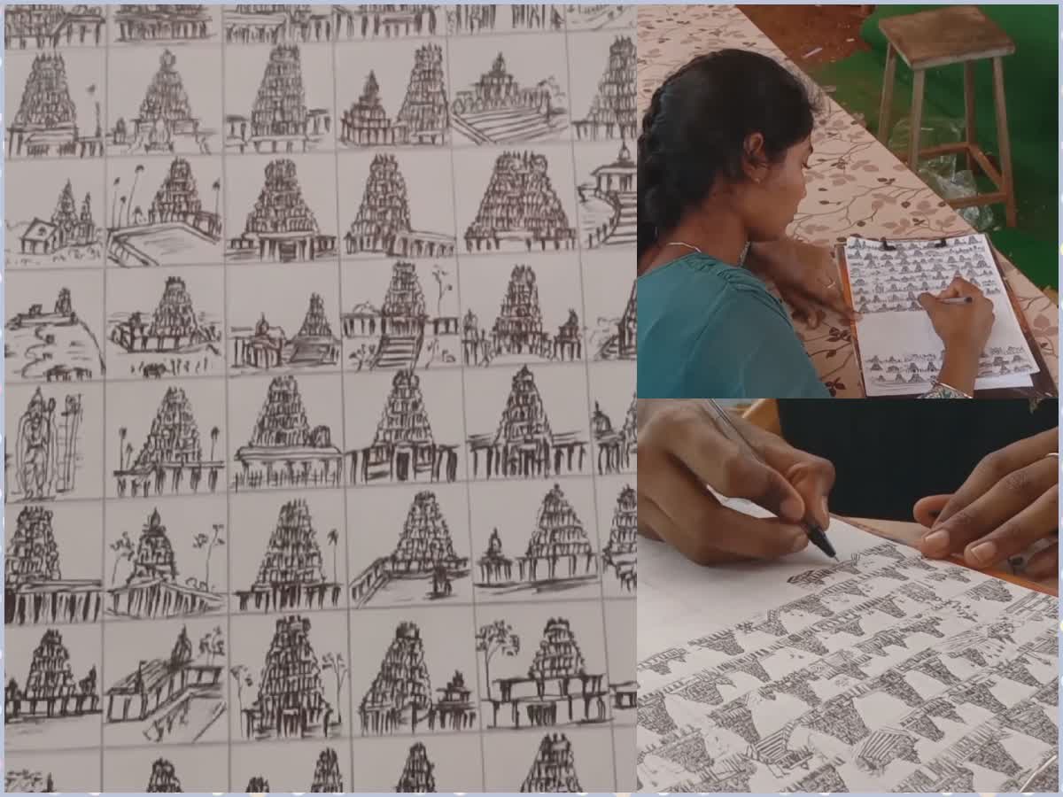 ஒரே A4 சீட்டில் 135 கோயில்கள் ஓவியம்.. தஞ்சை மாணவி யமுனாவில் அசத்தல் வீடியோ!, record for college student draw famous temples on a4 paper using only pen in thanjavur