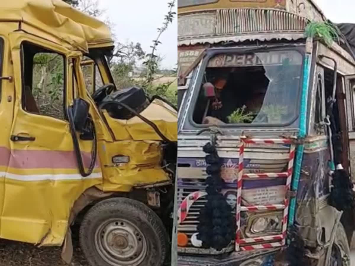 collision between school bus truck in tikamgarh