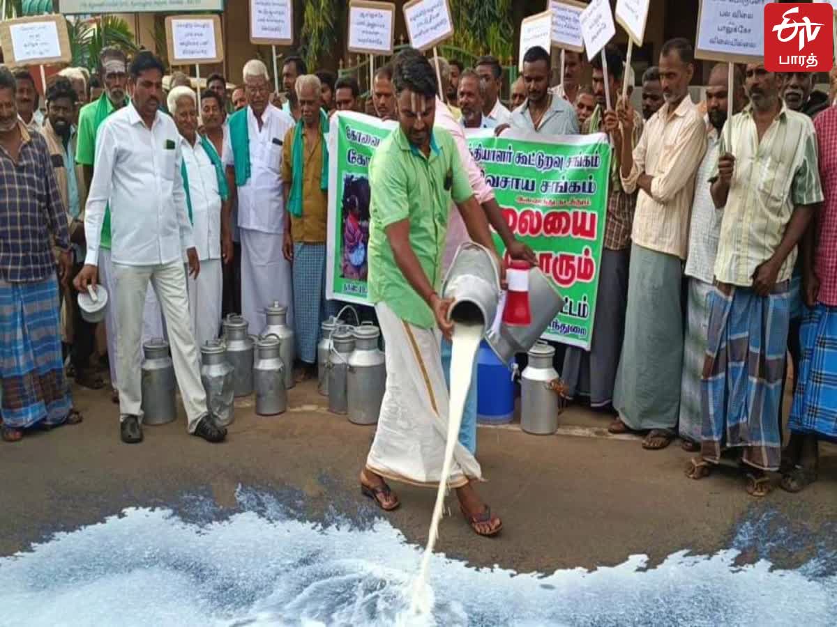 கோவையில் பாலை தரையில் கொட்டிப் போராட்டம்!, milk producers and farmers protest in coimbatore demanding increase in milk procurement price