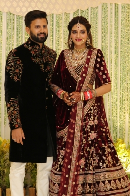 Actress Nusrat Jahan and Nikhil Jain during their reception party